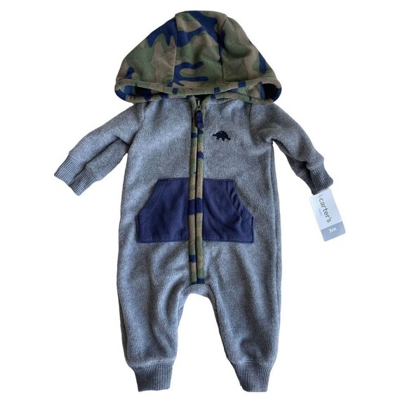 New! Carter's Baby Boys' Gray Camo Full Zip Fleece Hooded Playsuit Size 3M - Picture 1 of 6
